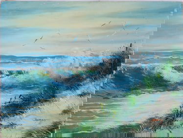 Vintage Scenic Oil On Canvas "Breakers At Beach"