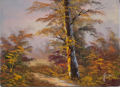 Vintage Scenic Oil On Canvas "Path In Woods"