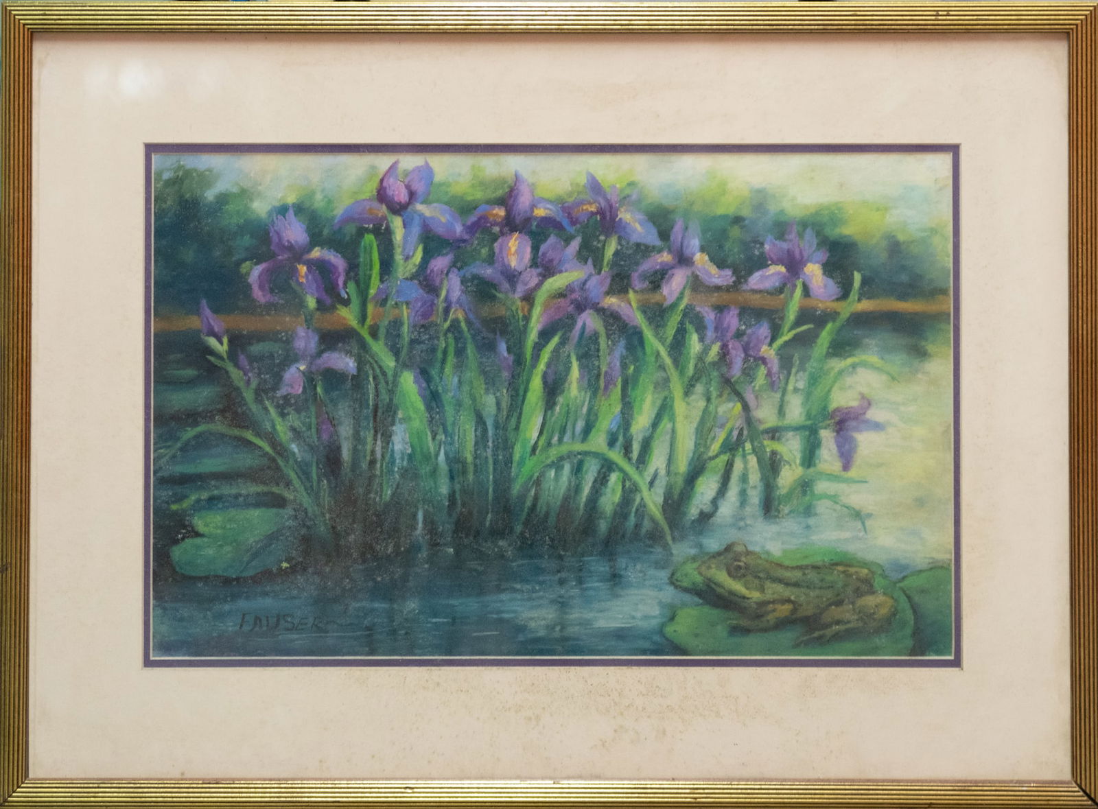 Vintage Impressionist Pastel On Paper "Iris And Frog": Title: Iris And Frog Medium: Pastel On Paper Size: 13.5 x 21.5 inches Frame: 21.5 x 29.5 inches Age: Vintage Condition: Great Overall All Signature: Lower left, Fauser Florence Fauser Provenance: Comb