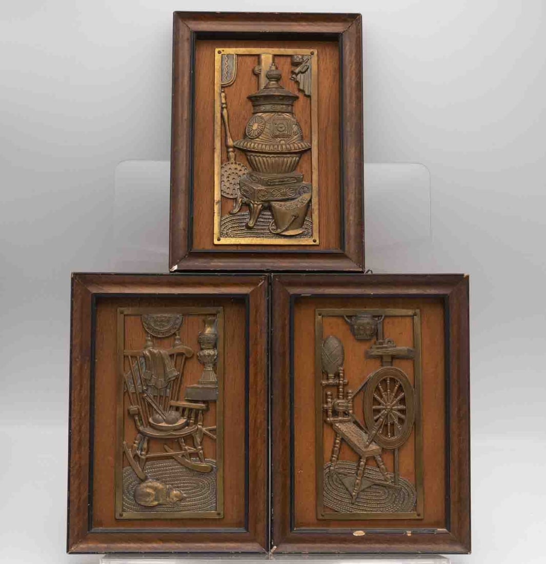 Lot Of 3 Japanese Cast Brass Relief Wall Plaques (1 of 6)