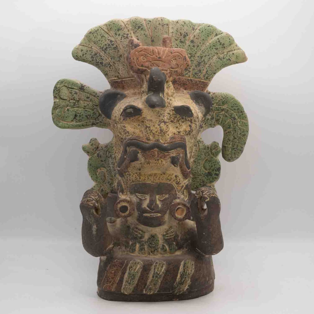 Old Columbian Painted Ceramic Figural Incense Burner: Medium: Painted Ceramic Size: 8x9x12 inhces Age/Detail: Old Columbian Condition: great overall, check photo for condition reference. Provenance: Collection from Estate in Williamsburg LiveShipping is