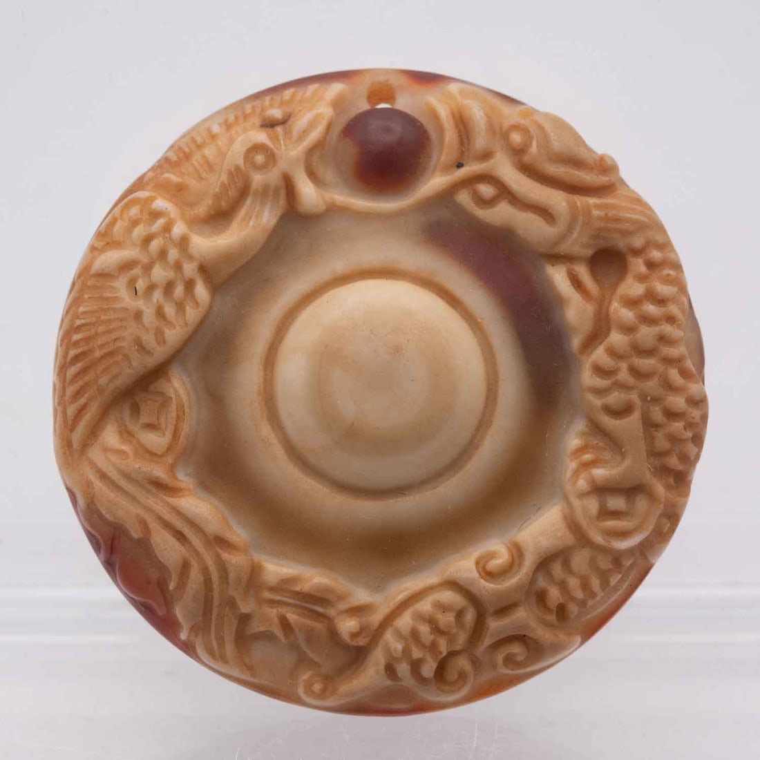 Old Chinese Carved Natural Agate Dragon Phoenix Pendant: Medium: Natural Agate Size: 1.5x1.5x0.3 inches Age/Detail: Old Chinese Carved Condition: great overall, check photo for condition reference. Provenance: Collection from Estate in Tribecca LiveShipping