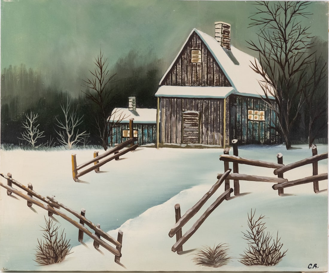Vintage Scenic Oil On Canvas "House With Snow" (1 of 5)