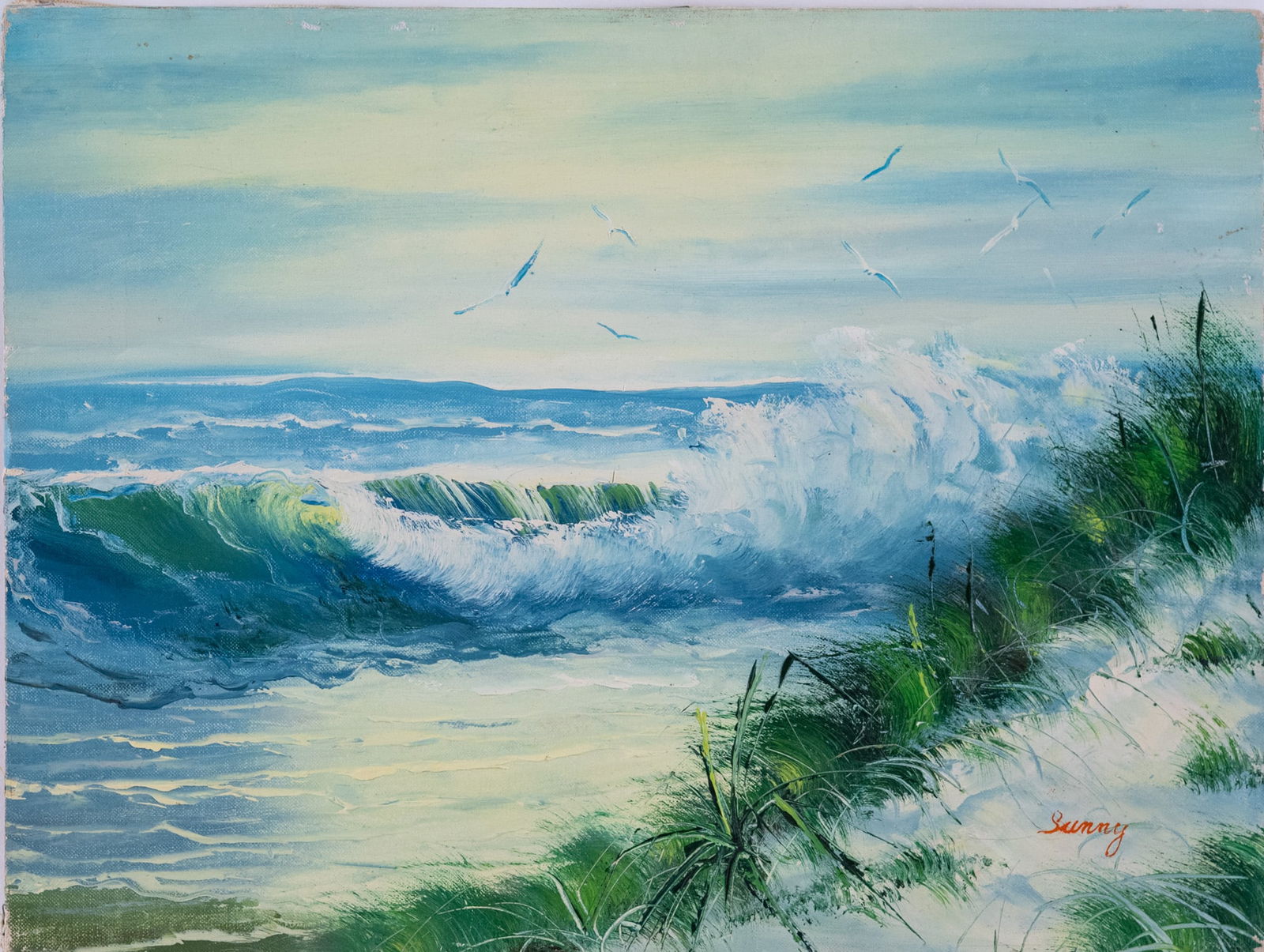 Vintage Scenic Oil On Canvas "Breakers At Beach" (1 of 5)
