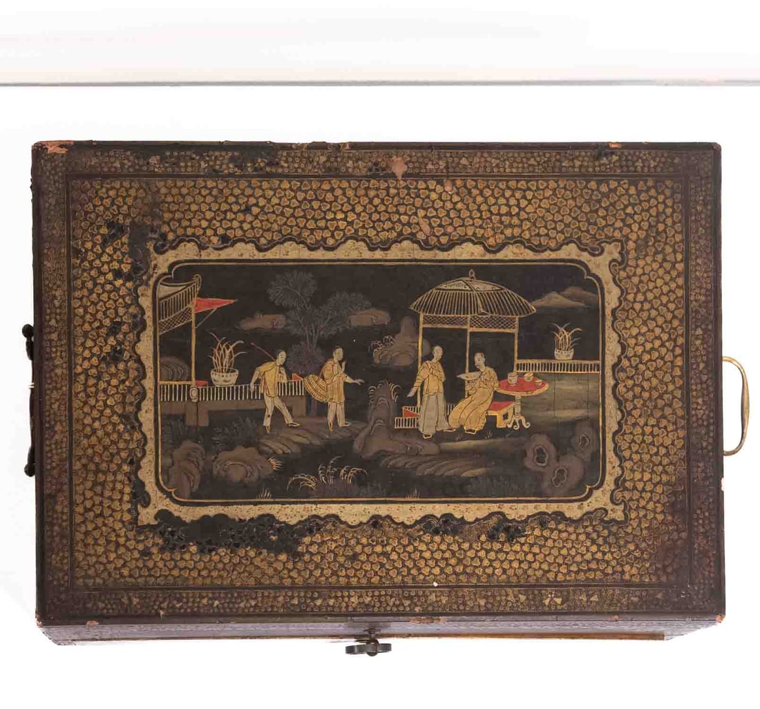 Old Chinese Black Lacquer Sewing Box: Medium: Black Lacquer Size: 15x10.5x5.5 inches Age/Detail: Old Chinese Condition: great overall, check photo for condition reference. Provenance: Collection from Estate in Williamsburg LiveShipping is