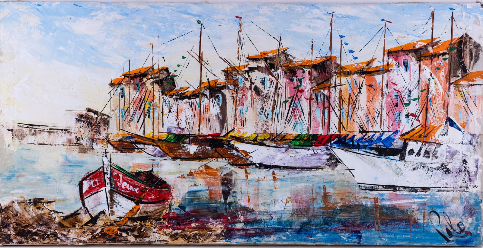 Vintage Modernist Oil On Canvas "Harbor City" (1 of 5)