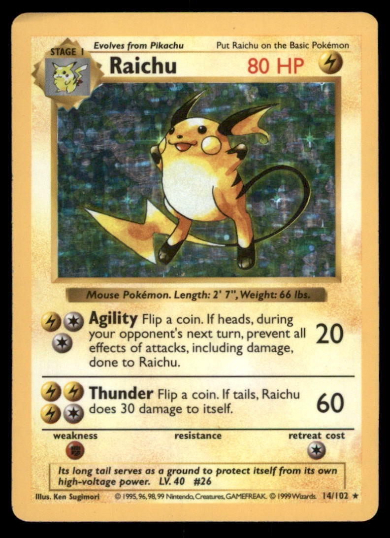 Raichu Base Set (Shadowless) #014/102 Holo Pokemon Card (1 of 2)