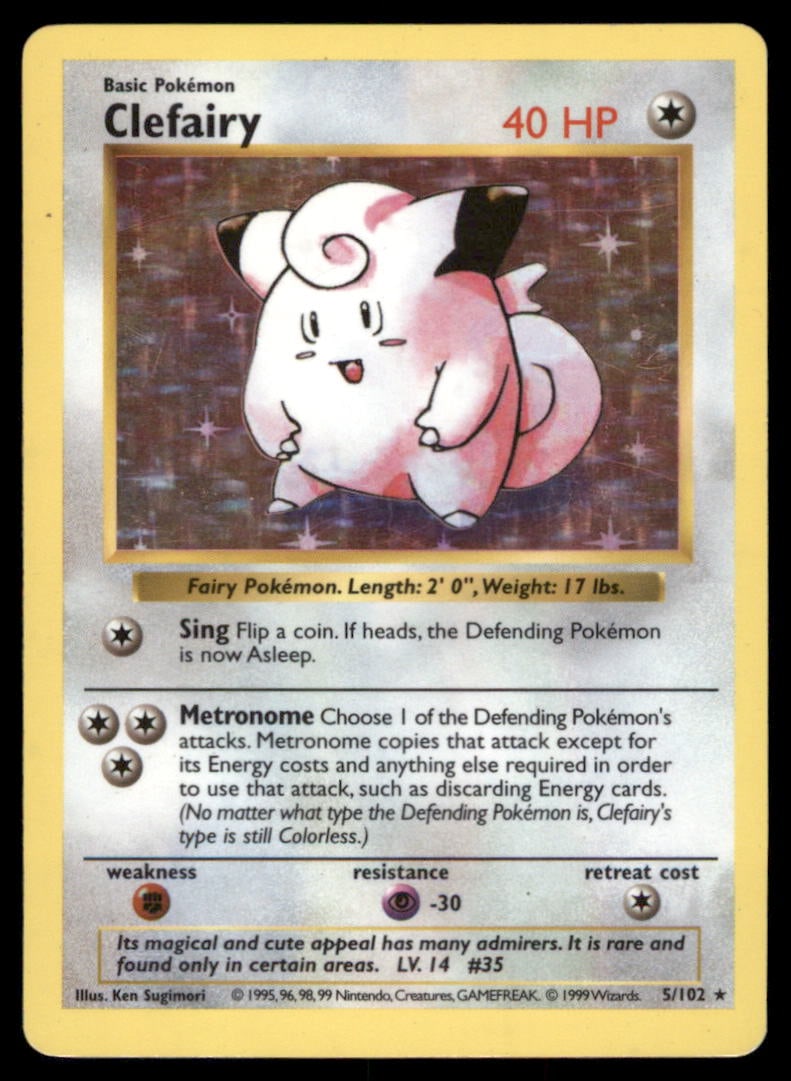 Clefairy Base Set (Shadowless) #005/102 Holo Pokemon Card (1 of 2)