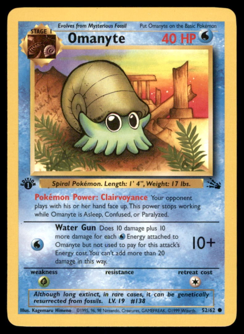 Omanyte Fossil #52/62 1st. ED. Pokemon Card (1 of 2)