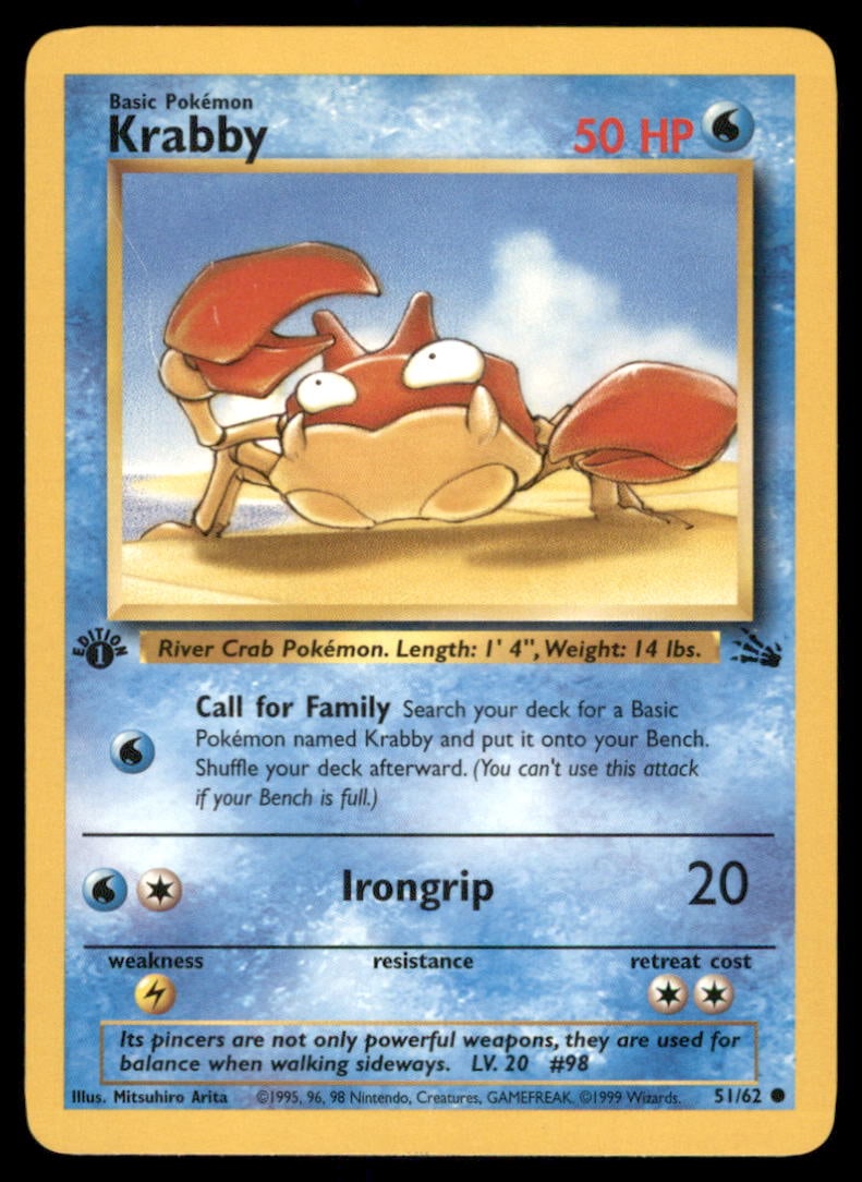 Krabby Fossil #51/62 1st. ED. Pokemon Card (1 of 2)
