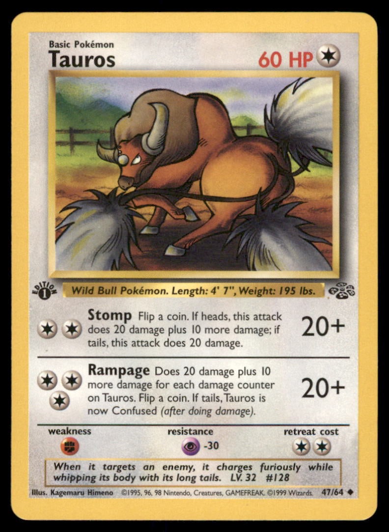 Tauros Jungle #47/64 1st. ED. Pokemon Card: We offer combined shipping on multiple items. Buyers may also arrange their own shipping. LiveShipping is a separate and independent option for shipping that is NOT a part of the auction house or thei