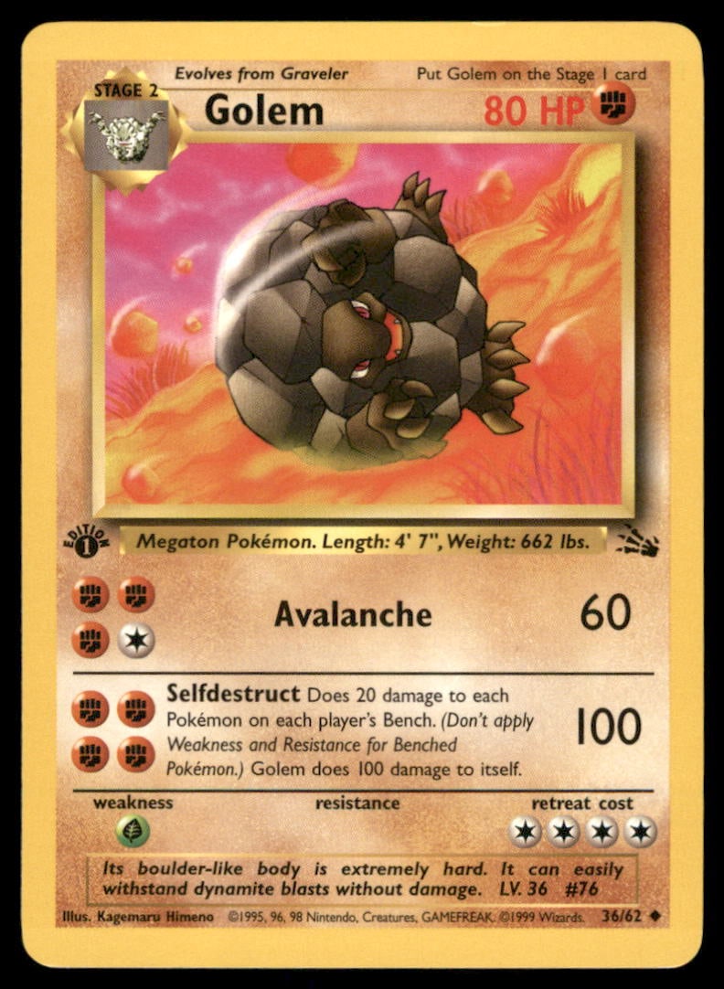 Golem Fossil #36/62 1st. ED. Pokemon Card: We offer combined shipping on multiple items. Buyers may also arrange their own shipping. LiveShipping is a separate and independent option for shipping that is NOT a part of the auction house or thei