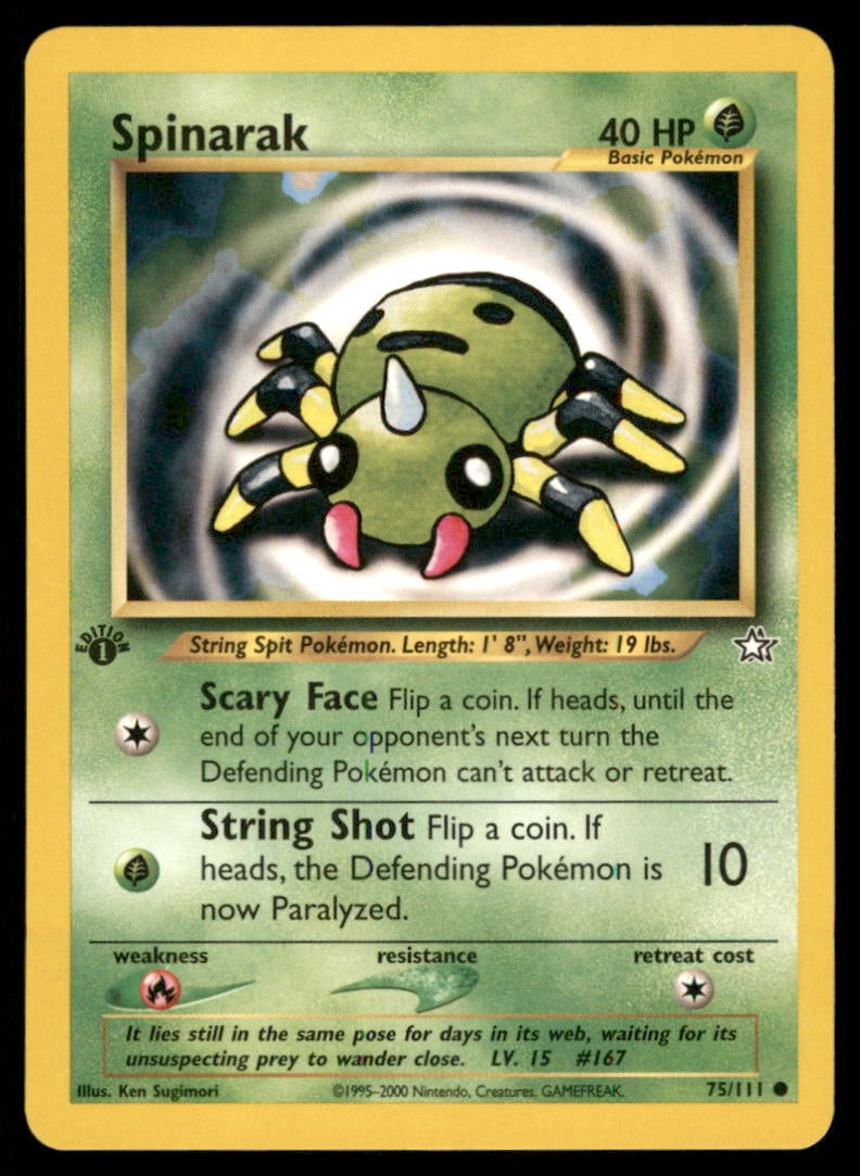 Spinarak Neo Genesis #075/111 1st. ED. Pokemon Card: We offer combined shipping on multiple items. Buyers may also arrange their own shipping. LiveShipping is a separate and independent option for shipping that is NOT a part of the auction house or thei