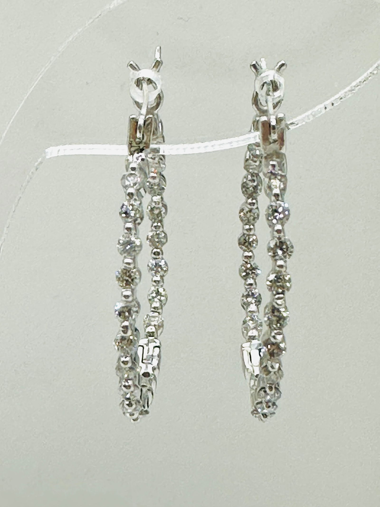 Pair of Natural Diamond in and out Hoop Earrings, 14KT White Gold # 2573 (1 of 4)