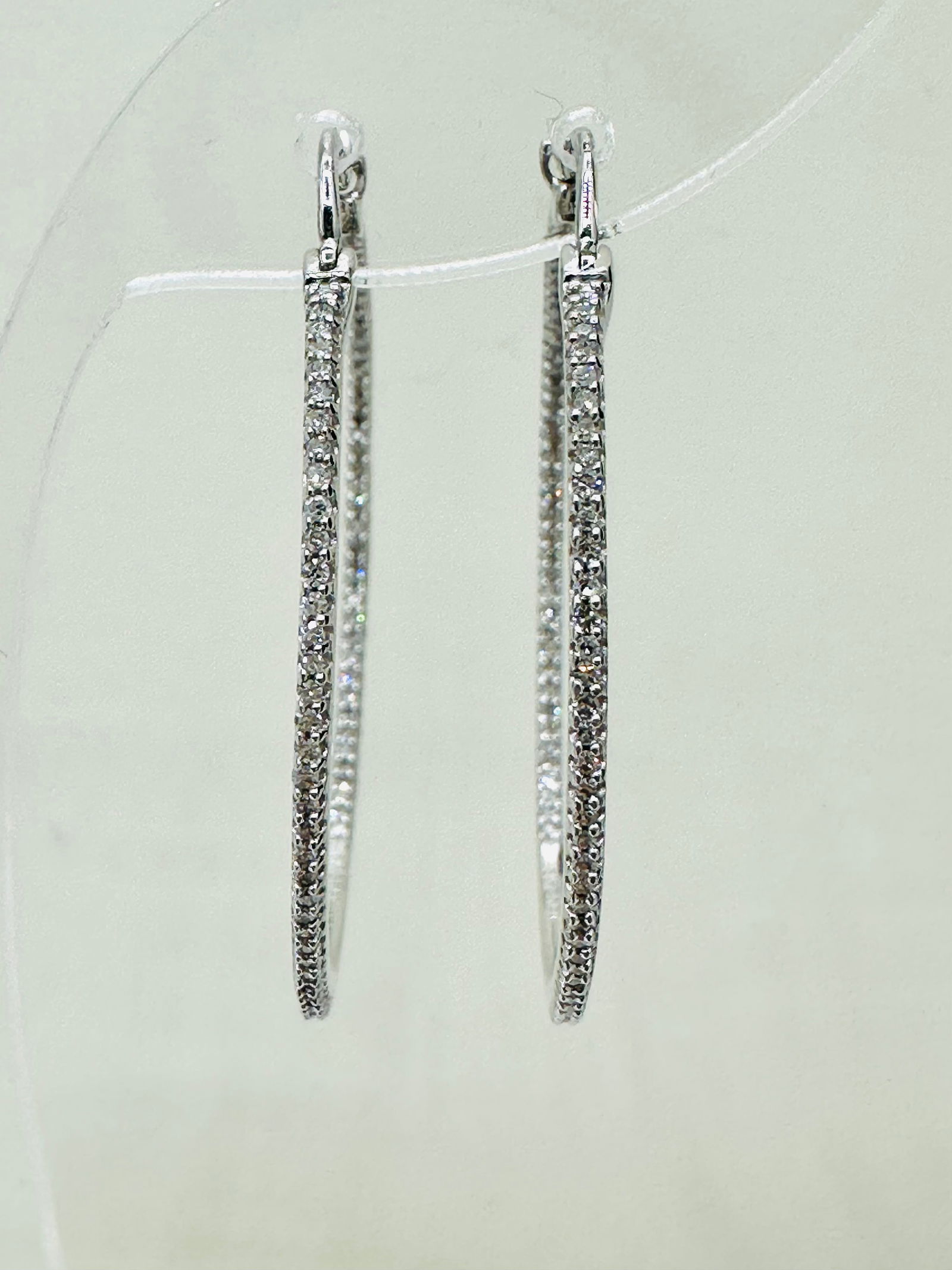 Pair of Natural Diamond in and out Hoop Earrings, 14KT White Gold # 2575 (1 of 3)