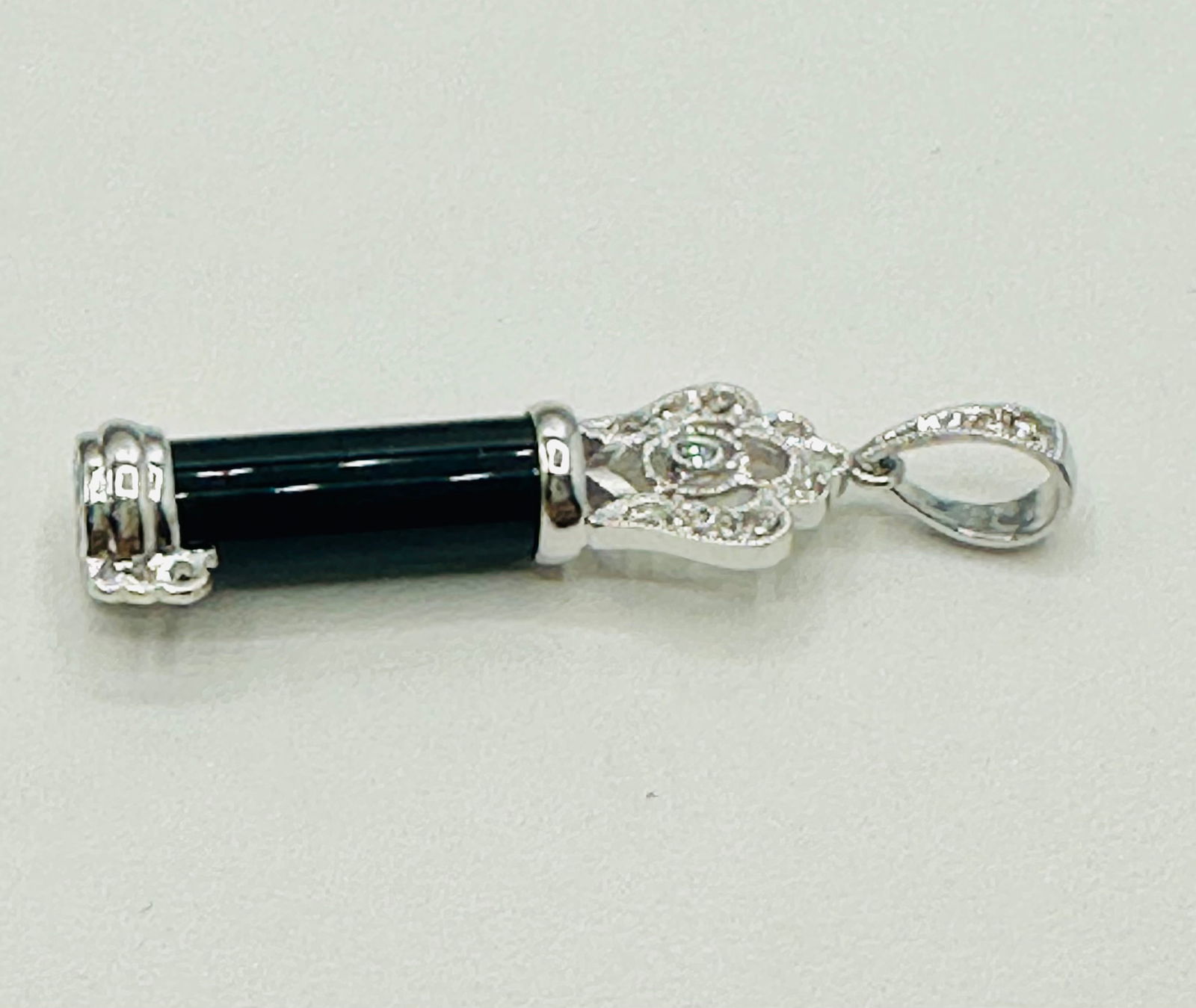 14KT White Gold, Natural Diamond and Onyx Key Pendant # 2711 (1 of 4)