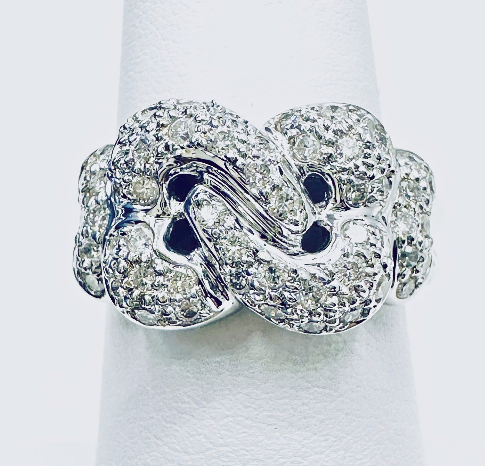 18KT White Gold Natural Diamond Hearts Ring Size 6.75 - J11205: *18KT White Gold Natural Diamond Hearts Ring *54 pcs diamond 0.60 carat (t.w.) *Ring Weight: 6.80 grams *Ring Size 6.75 *Diamond Clarity VS-SI, Color G-K *Condition: New in Box *J11205