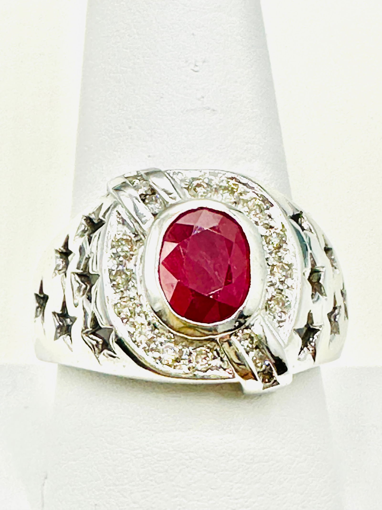 14KT White Gold Natural Ruby And Natural Diamond Men’s Ring Size 9.75 - J11409 (1 of 3)