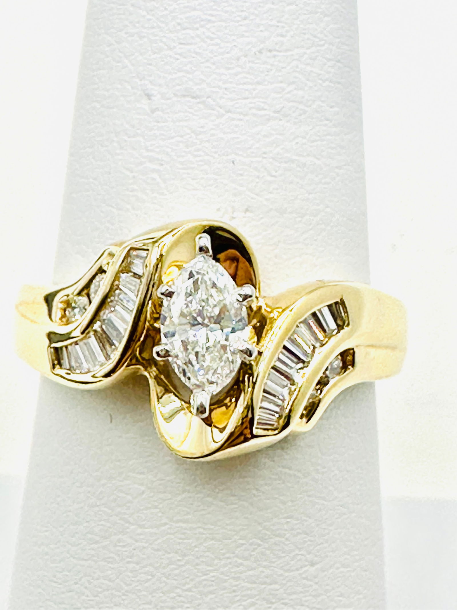 14KT Yellow Gold Natural Marquis Diamond Engagement Ring Size 6.75 - J11432: * 14KT Yellow Gold * Natural Marquis Diamond Engagement Ring with Fancy Diamond Setting * 1 pc marquis diamond 0.30 carat * 20 pcs round and baguette diamond 0.35 carat(t.w.) * Diamond Clarity VS-SI,