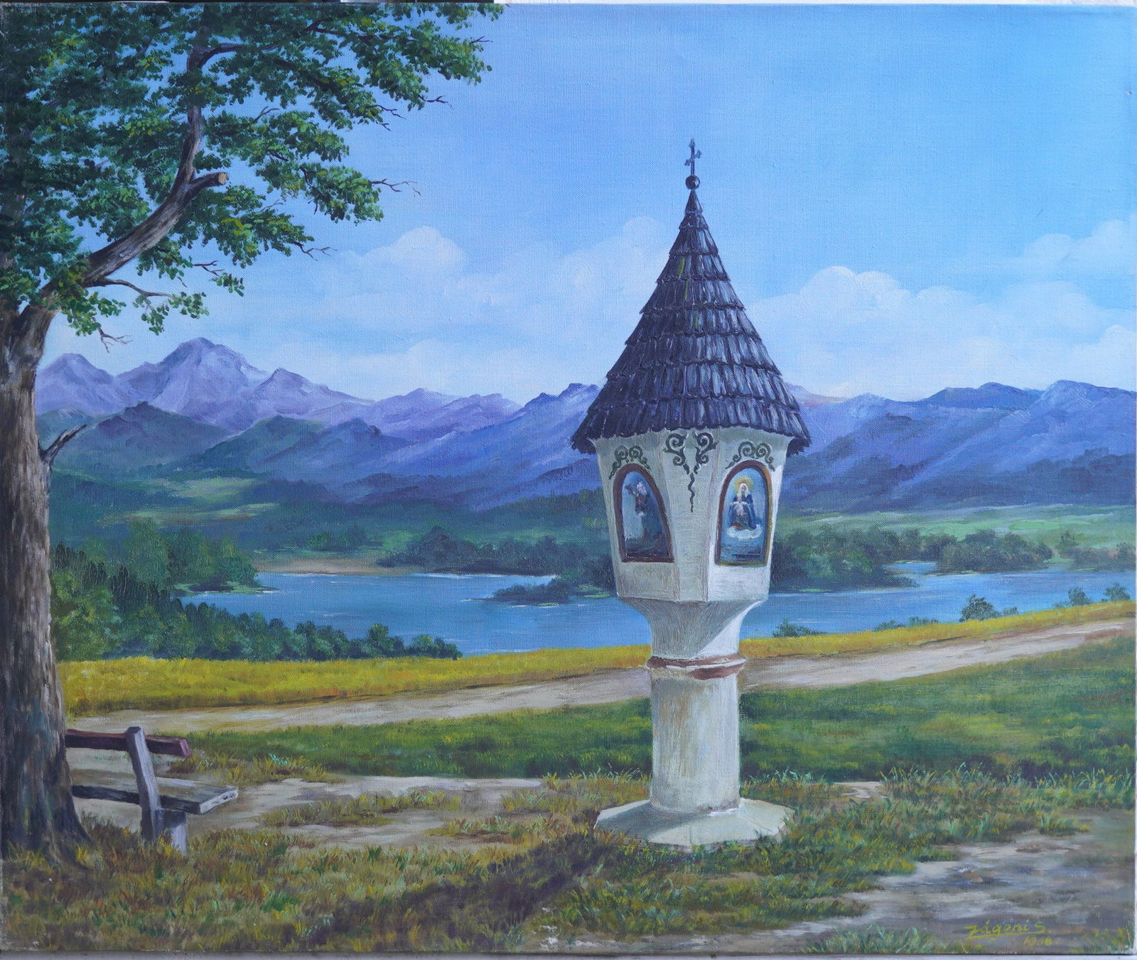Religious Monument By The Lake Oil Painting on Canvas: Oil Painting on Canvas