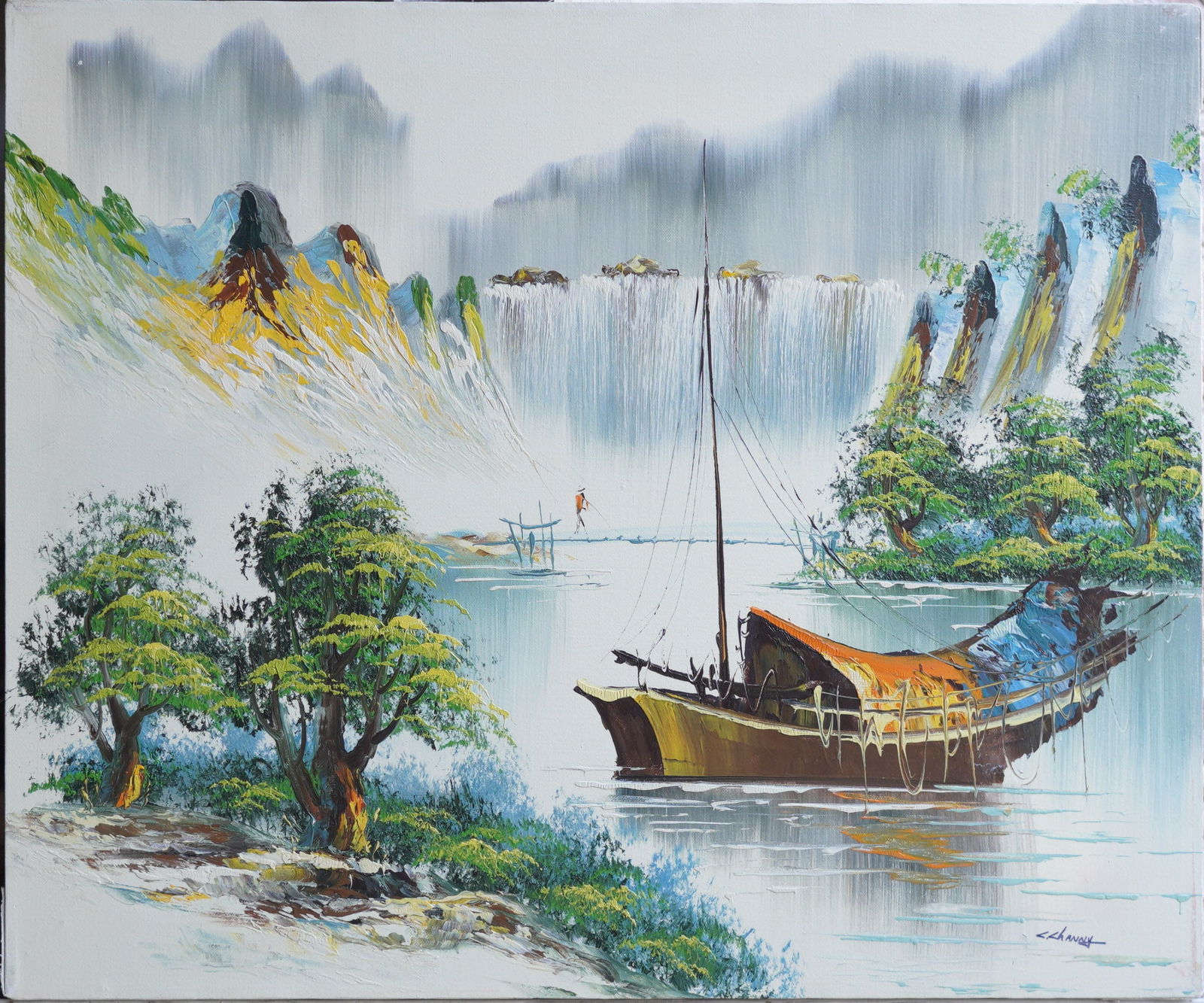 Boat By The Waterfall Oil Painting on Canvas: Oil Painting on Canvas