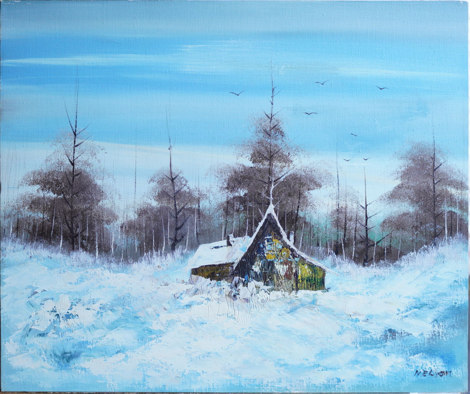 Winter Cabin Oil on Canvas Painting: Oil Painting on Canvas