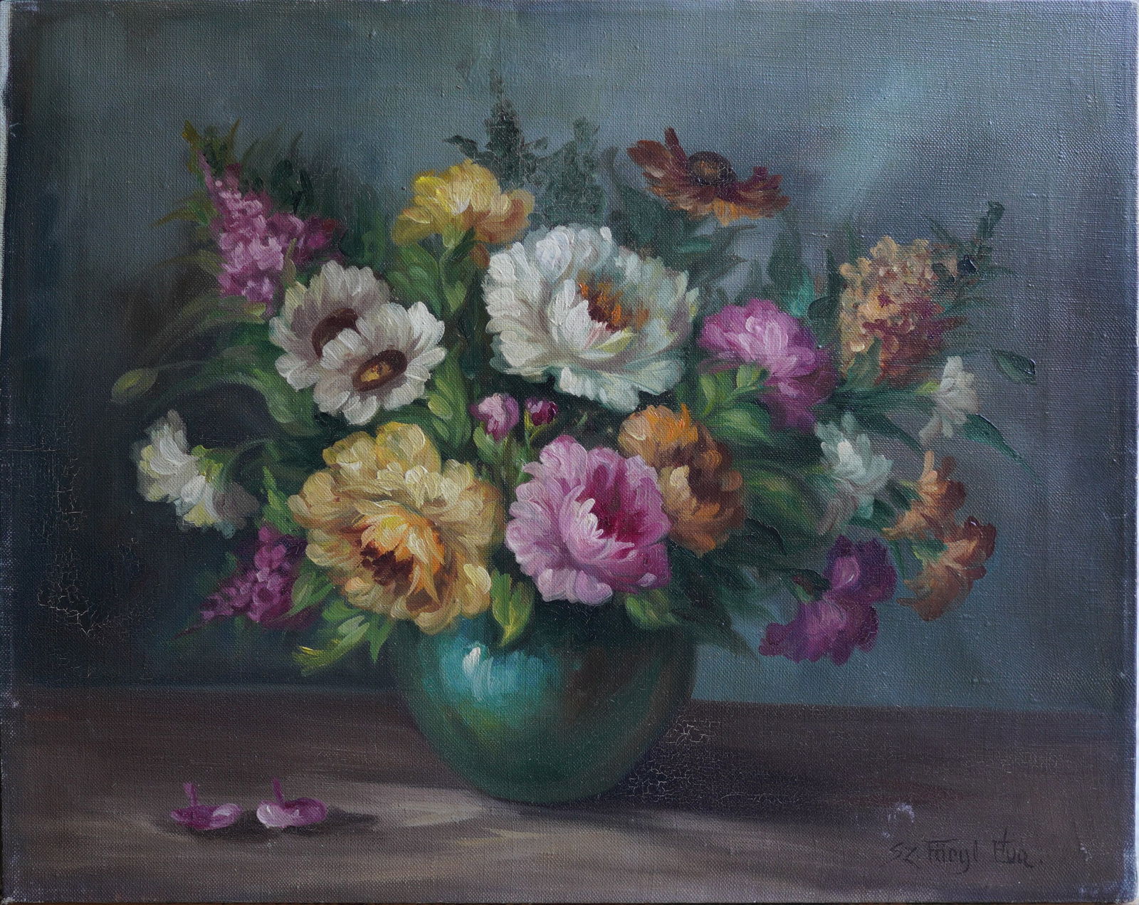 Still Life Tabletop Flowers Oil on Canvas Painting (1 of 8)