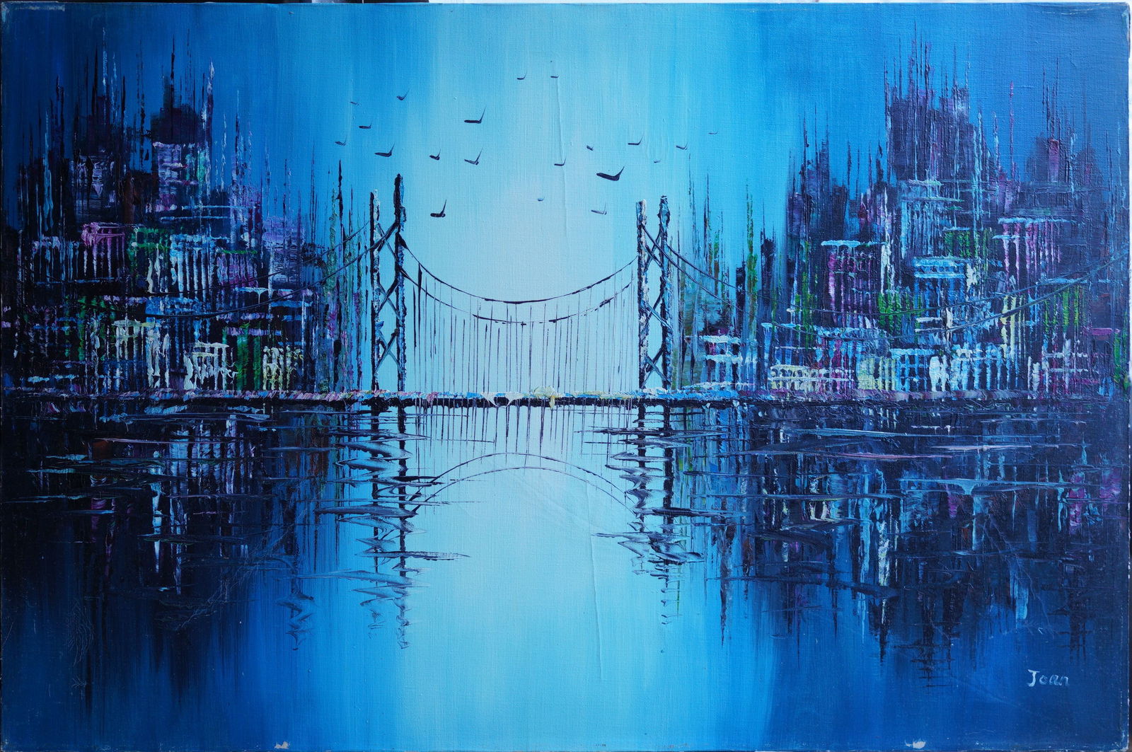 Blue Skyline Bridge Oil on Canvas Painting (1 of 9)
