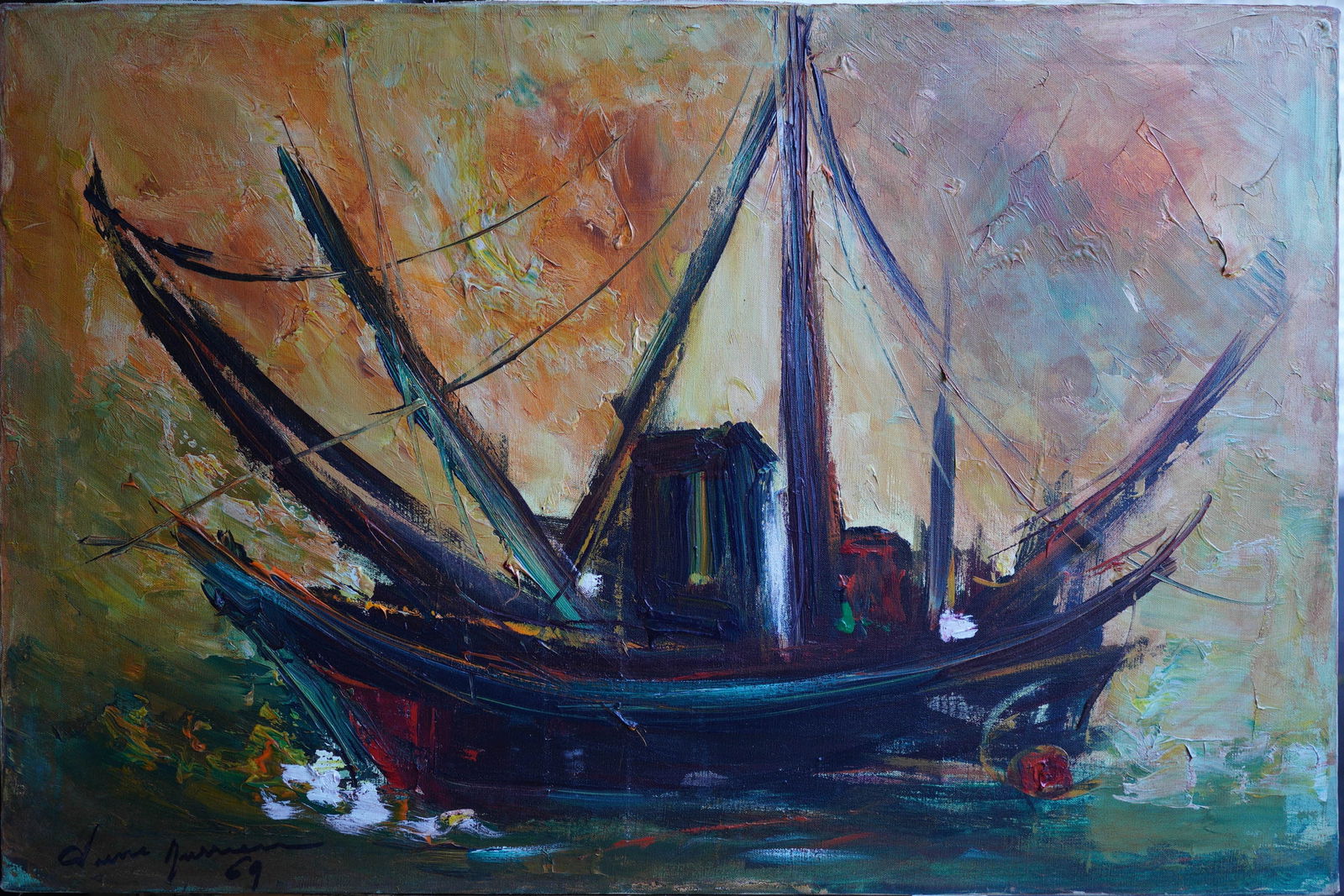 Sail Ship at Dusk Oil on Canvas Painting (1 of 8)