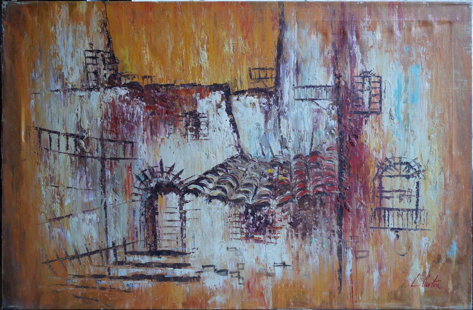 Village Scene Oil on Canvas Painting (1 of 9)