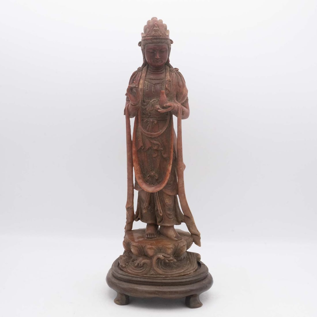 Old Chinese Carved Shoushan Soap Stone Guanyin Figure With Stand: Medium: Shoushan Soap Stone Size: 12x4.5x4 inches Age/Detail: Old Chinese Carved Condition: great overall, check photo for condition reference. Carved signature at bottom Provenance: Collection from E