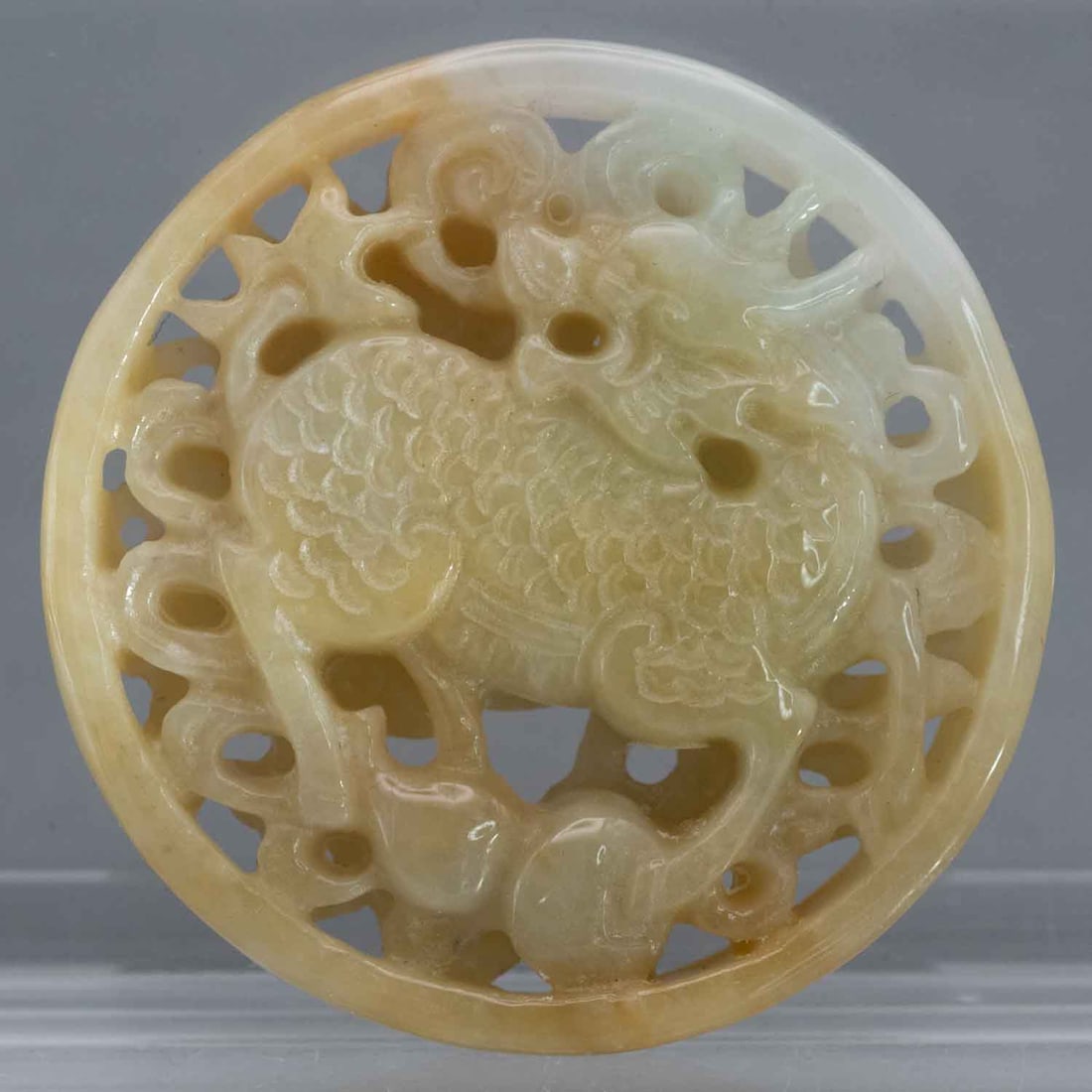Vintage Chinese Carved Natural Icy Yellow Nephrite Jade Kirin Round Pendant: Medium: Natural Icy Yellow Nephrite Jade Size: 1.5x1.5x0.3 inches Age/Detail: Vintage Chinese Carved Condition: great overall, check photo for condition reference. Provenance: Collection from Estate i