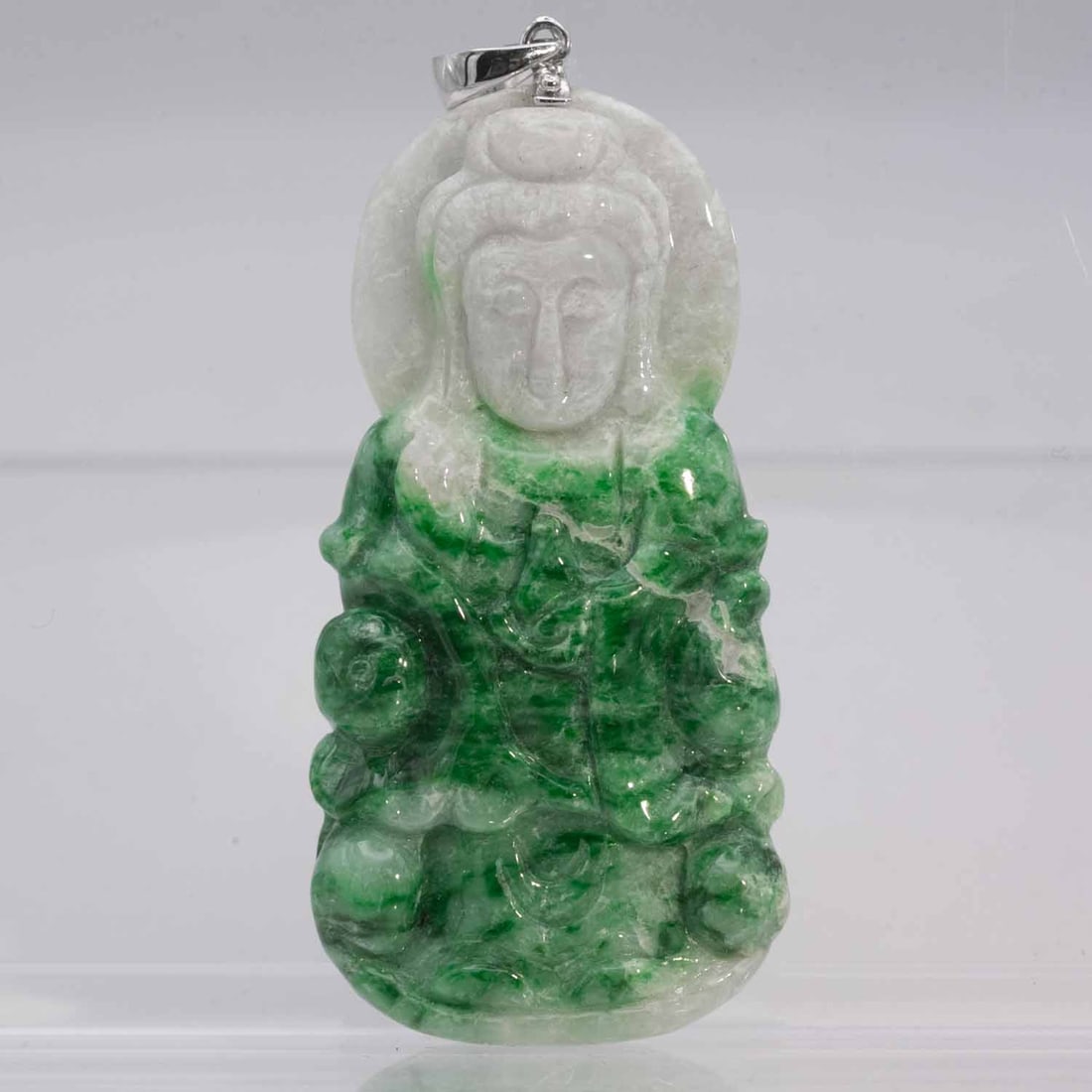 14k White Gold Latch Natural Green And White Jadeite Guanyin Pendant: Medium: Natural Green And White Jadeite Size: 2x1x0.4 inches Age/Detail: 14k White Gold Latch Condition: great overall, check photo for condition reference. Provenance: Collection from Estate in Willi
