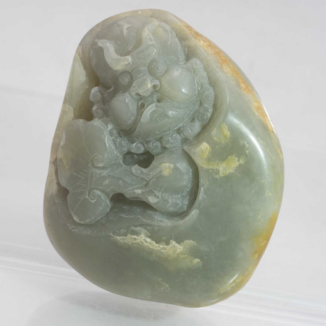 Old Chinese Carved Translucent Nephrite Green Jade Old Deity Figure: Medium: Translucent Nephrite Green Jade Size: 2.5x2.3x1 inches Age/Detail: Old Chinese Carved Condition: great overall, check photo for condition reference. Provenance: Collection from Estate in Willi
