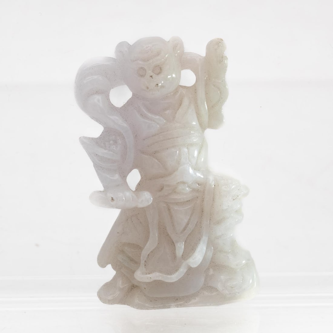 Old Chinese Carved Natural White Jadeite Monkey King Figure: Medium: Natural White Jadeite Size: 1.8x1.3x0.5 inches Age/Detail: Old Chinese Carved Condition: great overall, check photo for condition reference. Provenance: Collection from Estate in Tribecca Live