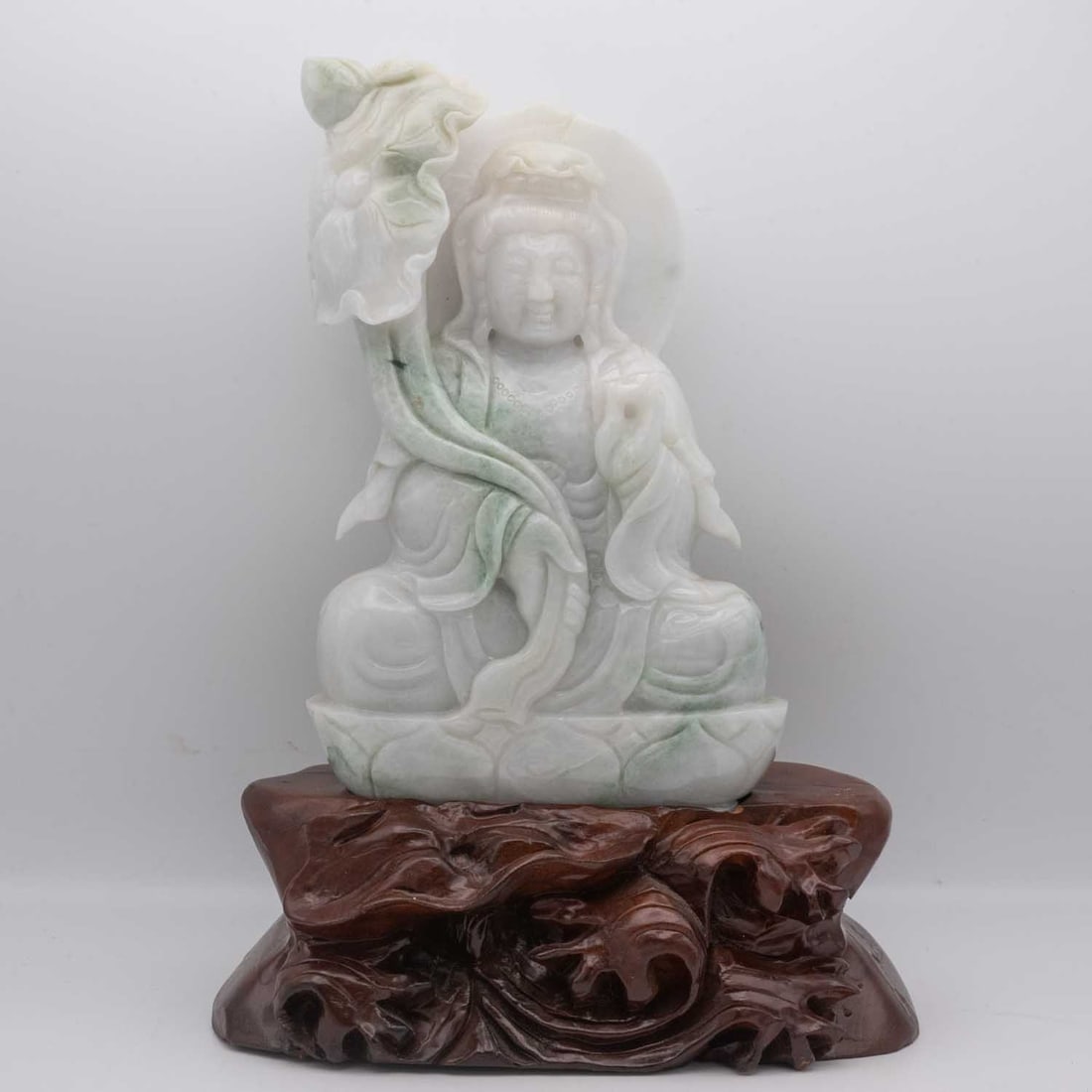 Chinese Carved Natural White And Green Jadeite Guanyin Bodhisattva Sculpture: Medium: Natural White And Green Jadeite Size: 8x4.5x11 inches Age/Detail: Chinese Carved Condition: great overall, check photo for condition reference. Provenance: Collection from Estate in Tribecca L