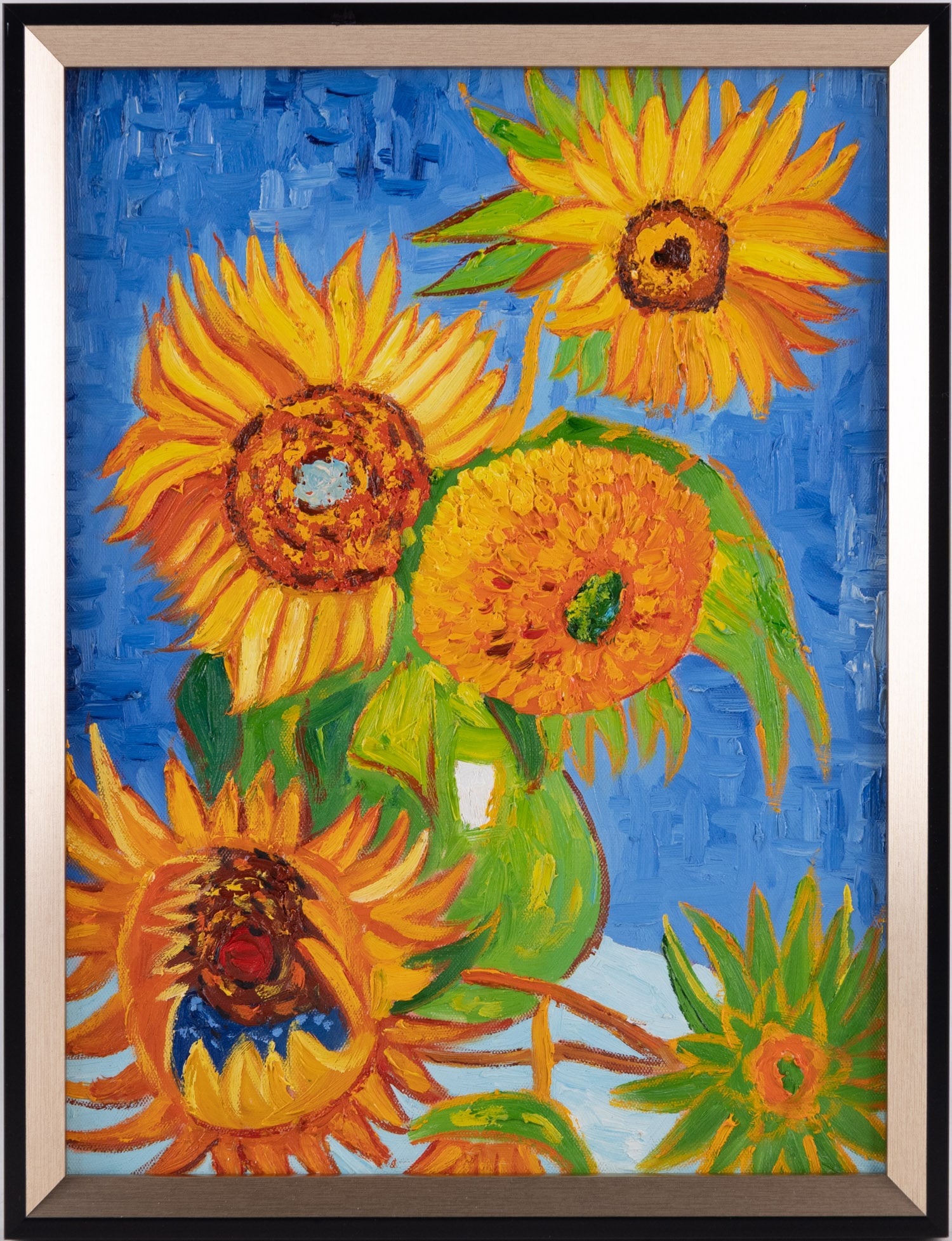 Hand Painted After Van Gogh Oil On Canvas "Sunflower 1": Title: Sunflower 1 Medium: Oil On Canvas Size: 16 x 12 inches Frame: 17 x 13 inches Age: Hand Painted Condition: Great Overall All Provenance: Collection From Glen Cove Combined shipping rate availabl