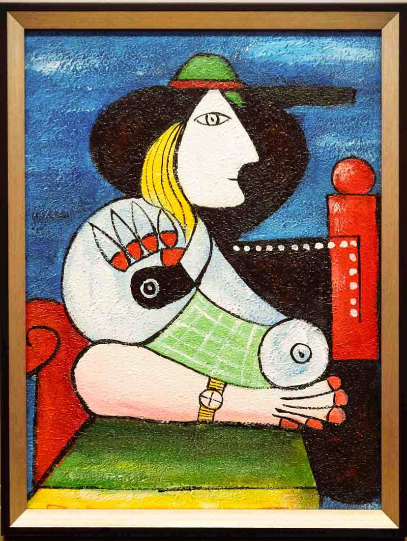 After Picasso Acrylic On Canvas "Portrait Of A Lady": Title: Portrait Of A Lady Medium: Acrylic On Canvas Size: 16 x 12 inches Frame: 17 x 13 inches Age: Condition: Great, hand painted, please check photo for condition reference Provenance: Combined ship
