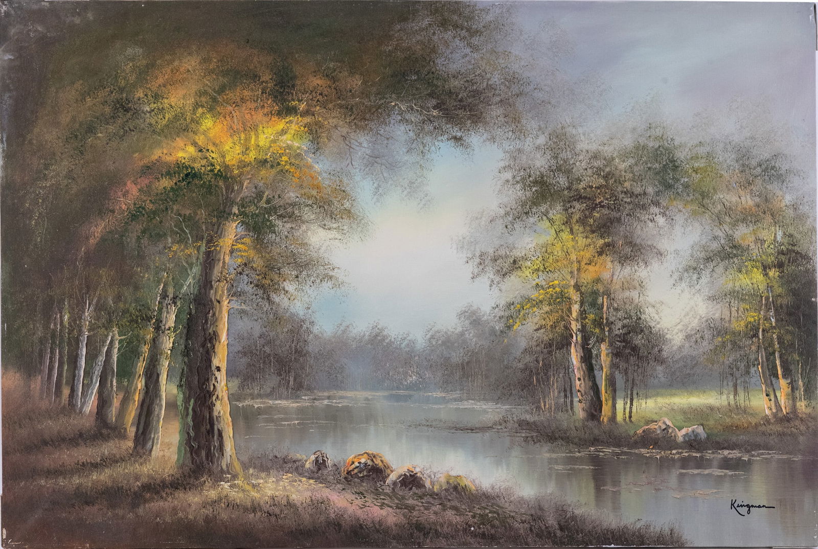 Vintage Scenic Oil On Canvas "Spring River": Title: Spring River Medium: Oil On Canvas Size: 24 x 36 inches Age: Vintage Condition: Great Overall All Signature: Signed Provenance: Collection From Glen Cove Combined shipping rate available. For a
