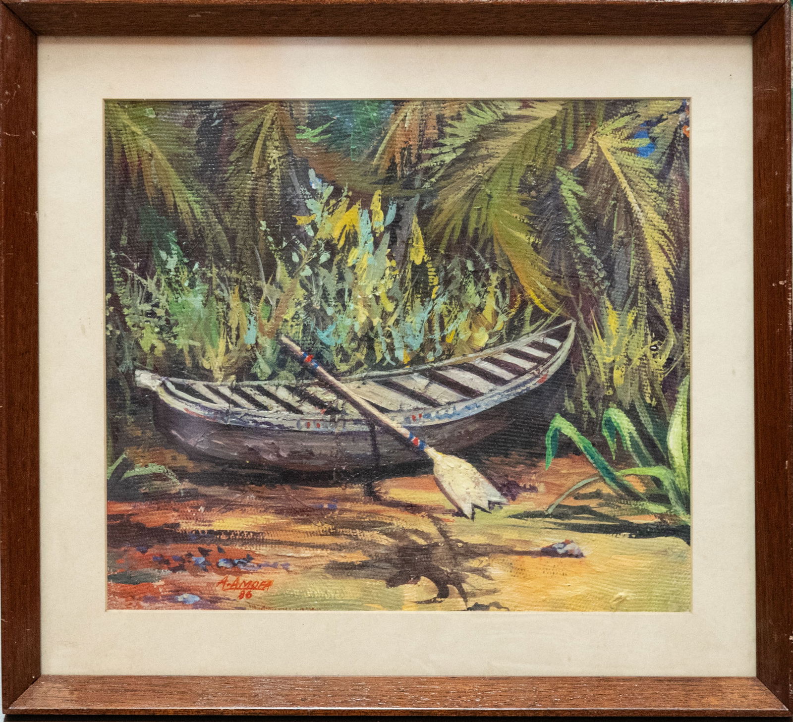 Vintage Vintage Oil On Paper "Moored Boat": Title: Moored Boat Medium: Oil On Paper Size: 10 x 12 inches Frame: 14 x 16 inches Age: Vintage Condition: Great Overall All Signature: A. Amofa Provenance: Combined shipping rate available. For affor