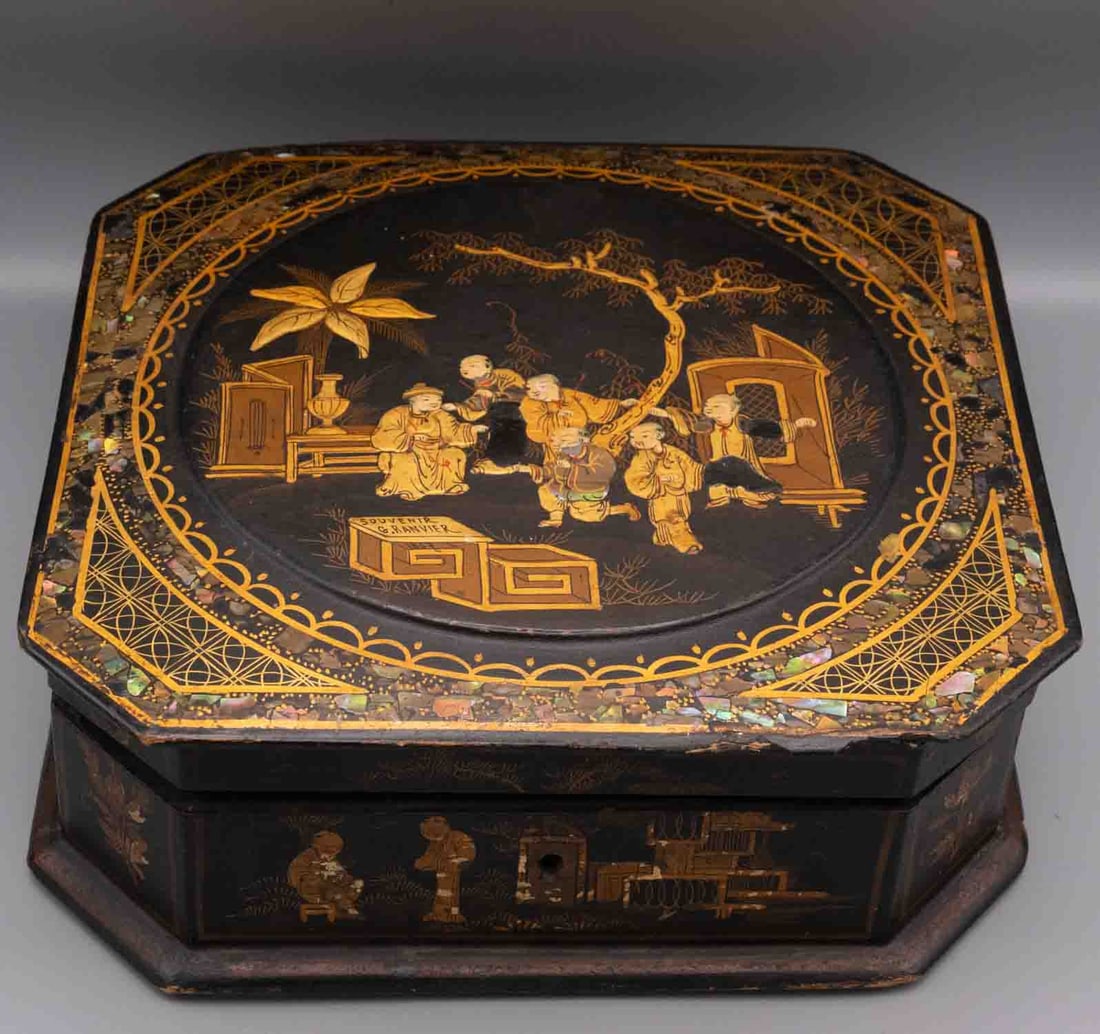 Antique Chinese Black Lacquer And Mother Of Pearl Inlaid Jewelry Box: Medium: Black Lacquer And Mother Of Pearl Inlaid Size: 8.7x8.5x3 inches Age/Detail: Antique Chinese Condition: great overall, check photo for condition reference. Octagonal black lacquer jewelry box d