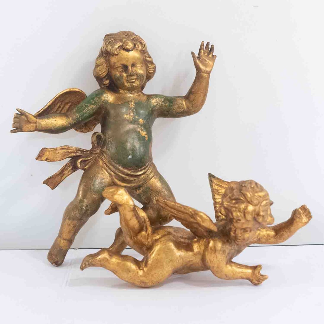 A Pair Of Vintage Gilded Wood Angel Cherub Figures: Medium: Gilded Wood Size: 10.5x10x5 inches Age/Detail: A Pair Of Vintage Condition: missing and broken parts, check photo for condition reference. Provenance: Collection from Estate in Williamsburg Li