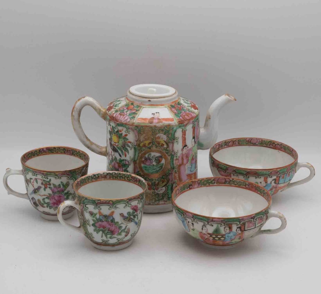 Vintage Chinese Export Famille Rose Porcelain Teapot And Cups Set: Medium: Famille Rose PorcelainSize: 7x5x4 inches Tea pot sizeAge/Detail: Vintage Chinese ExportCondition: great overall, check photo for condition reference.Provenance:Collection from Estate in Willia