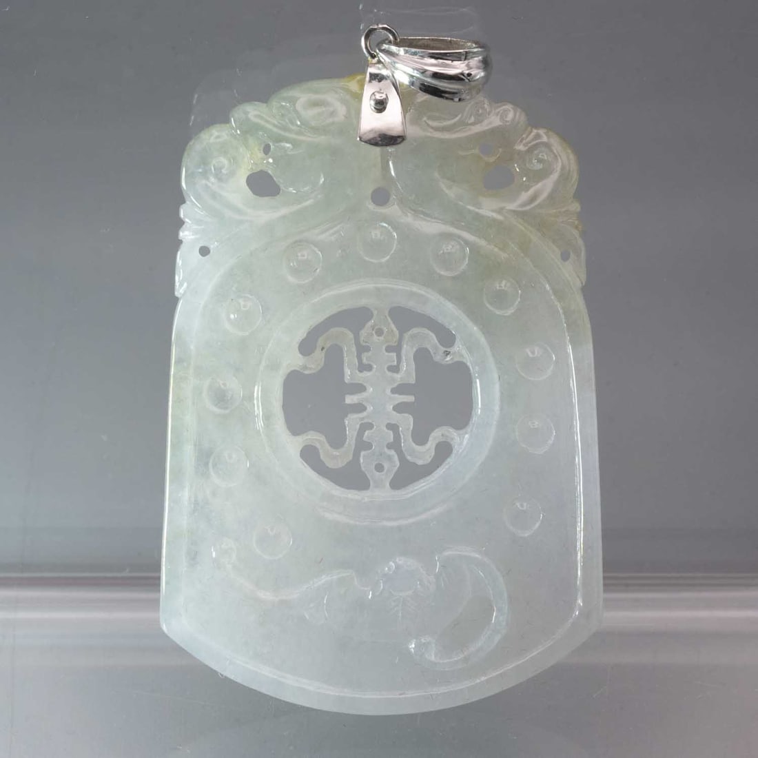 14k White Gold Latch Natural Icy White Jadeite Good Fortune Pendant: Medium: Natural Icy White Jadeite Size: 1.5x2.3x0.3 inches Age/Detail: 14k White Gold Latch Condition: great overall, check photo for condition reference. Provenance: Collection from Estate in William