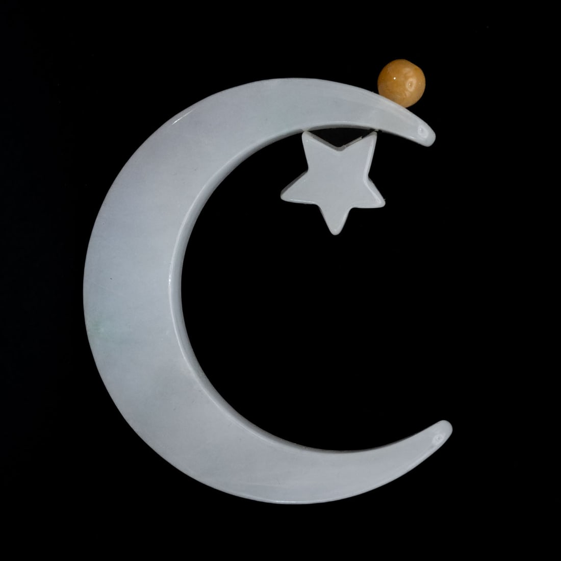 Chinese Carved Natural White Jadeite Star And Moon Pendant: Medium: Natural White JadeiteSize: 2x2x0.3 inchesAge/Detail: Chinese CarvedCondition: great overall, check photo for condition reference.Provenance:Collection from Estate in TribeccaLiveShipping is