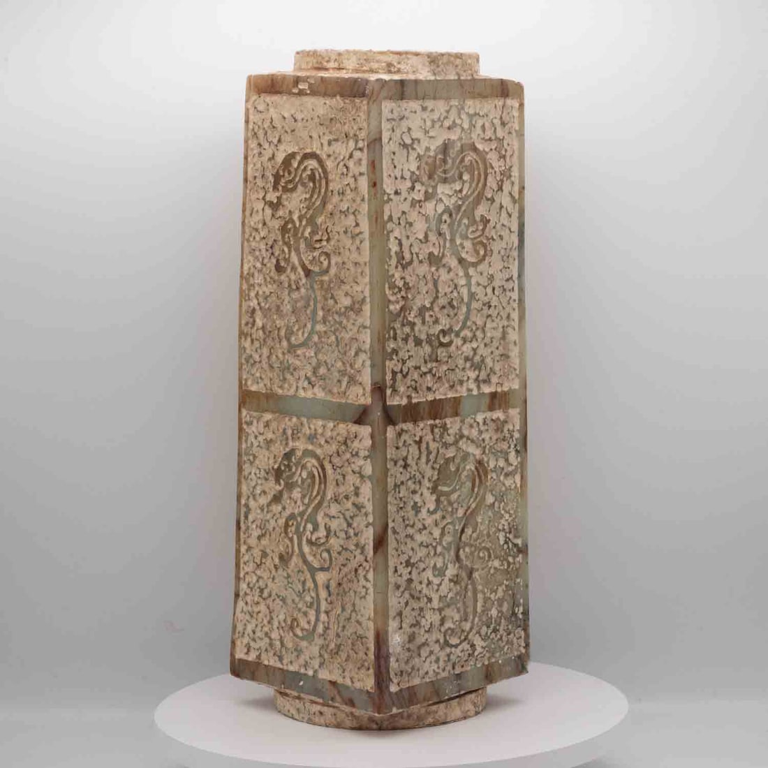 Antique Chinese Carved Calcified Jade Large Ritualistic Cong: Medium: Calcified JadeSize: 4x4x12 inchesAge/Detail: Antique Chinese CarvedCondition: great overall, check photo for condition reference.Provenance:Collection from Estate in WilliamsburgLiveShipping