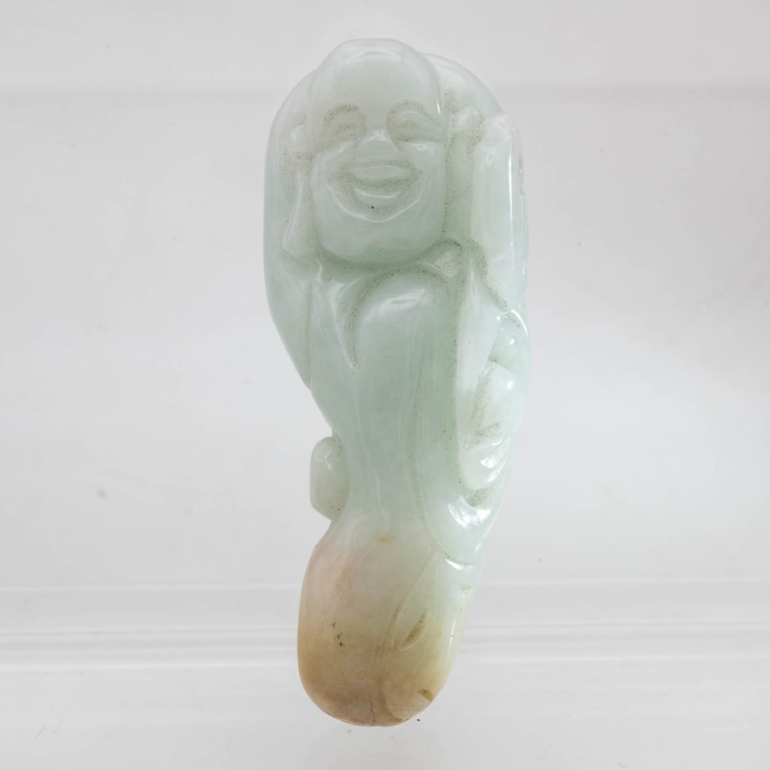 Old Chinese Carved Natural Green And Yellow Jadeite Buddha Figure: Medium: Natural Green And Yellow Jadeite Size: 2.3x1x0.5 inches Age/Detail: Old Chinese Carved Condition: great overall, check photo for condition reference. Provenance: Collection from Estate in Trib