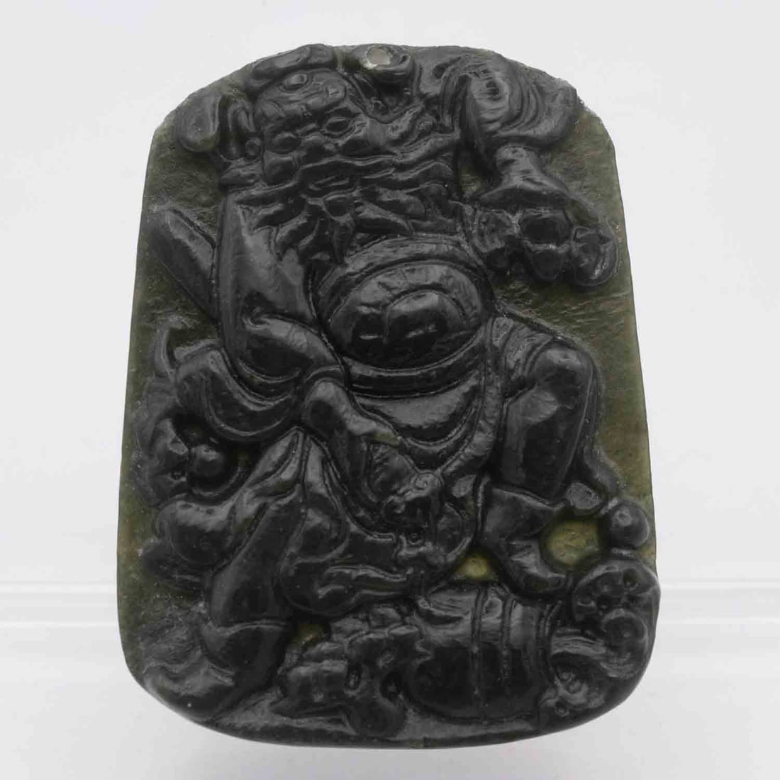 Chinese Carved Natural Jadeite Zhongkui Pendant: Medium: Natural JadeiteSize: 2x1.5x0.3 inchesAge/Detail: Chinese CarvedCondition: great overall, check photo for condition reference.Provenance:Collection from Estate in TribeccaLiveShipping is NOT a