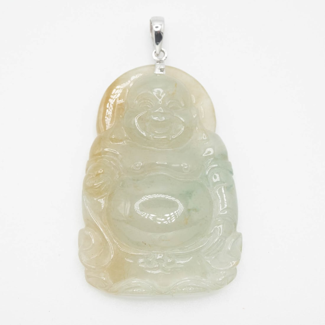14K White Gold Latch Icy Green Jadeite Buddha Pendant: Medium: Icy Green Jadeite Size: 2x1.25 inches Age/Detail: 14K White Gold Latch Condition: Great, check photo for detail Provenance: Collection from Estate in Tribecca Please view all the photos as the