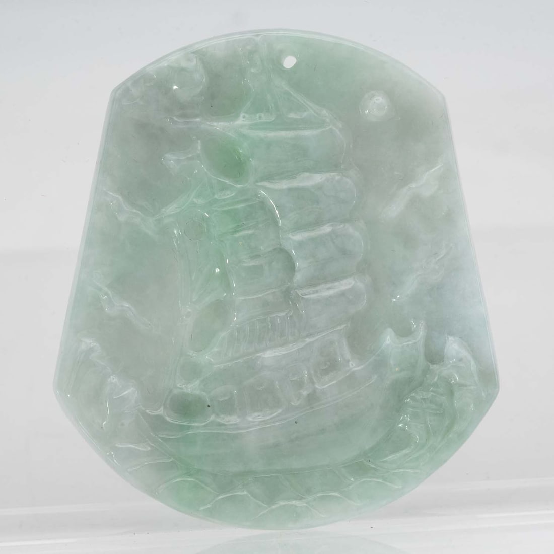 Chinese Carved Natural Green Jadeite Sailboat Pendant: Medium: Natural Green Jadeite Size: 2.3x2x0.3 inches Age/Detail: Chinese Carved Condition: great overall, check photo for condition reference. Provenance: Collection from Estate in Tribecca LiveShippi
